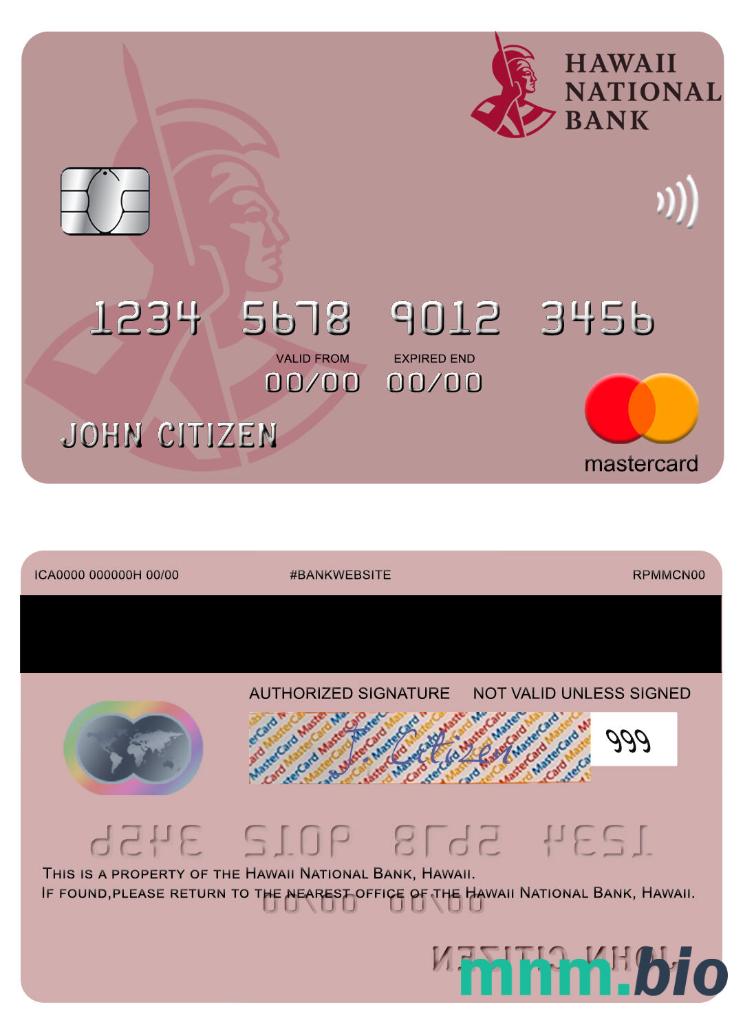 Hawaii Hawaii National Bank przykład karty mastercard w formacie PSD